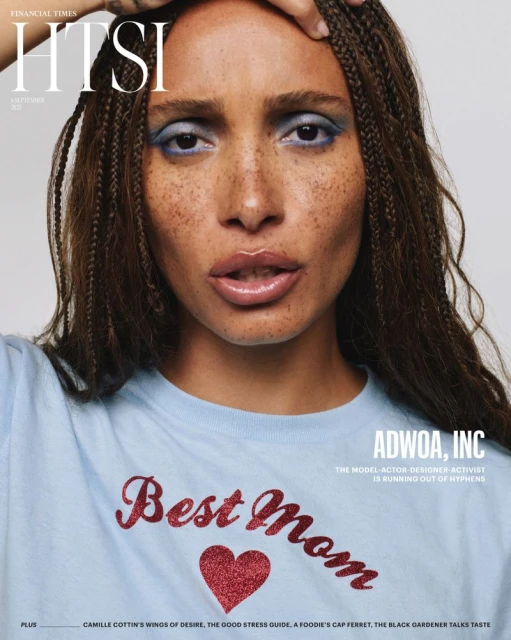 Magazine cover featuring a woman with braided hair, blue eyeshadow, and a t-shirt that reads 'Best Mom' and advertises 'Adwoa, Inc'.