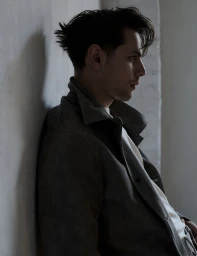 Francesco Di Napoli in profile leaning against a concrete wall wearing a dark grey collared jacket over a white undershirt.