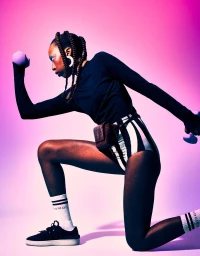 Black woman wearing black long-sleeve top, striped shorts, sneakers, and holding small dumbbells in a studio