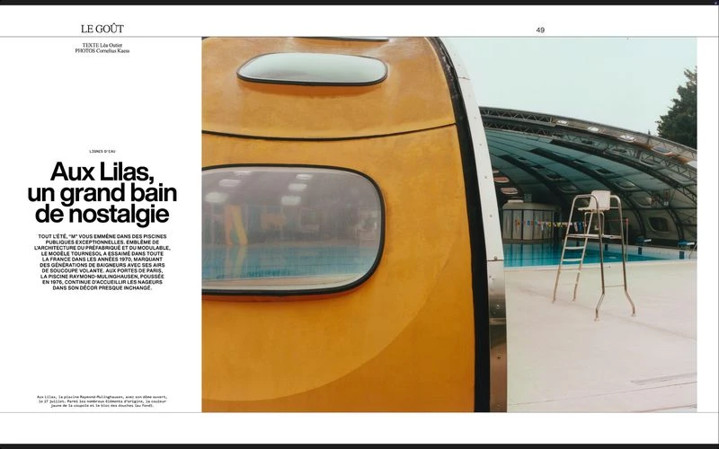 Architectural shot featuring a vibrant yellow lifeguard chair next to a domed swimming pool, capturing a unique blend of color and design.