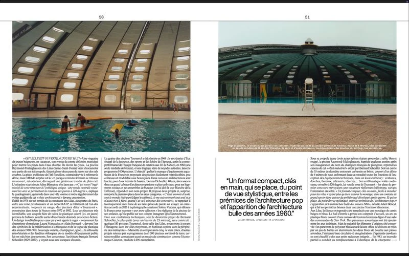 People swim and play in a domed indoor pool with natural light. A modernist public swimming pool architecture interior features a large shallow pool.