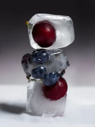 Stacked frozen ice cubes encasing fresh red cherries and blueberries against a gradient background.