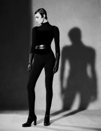 Model in black turtleneck, trousers, leather gloves, and heeled shoes posing against a textured wall with a prominent shadow