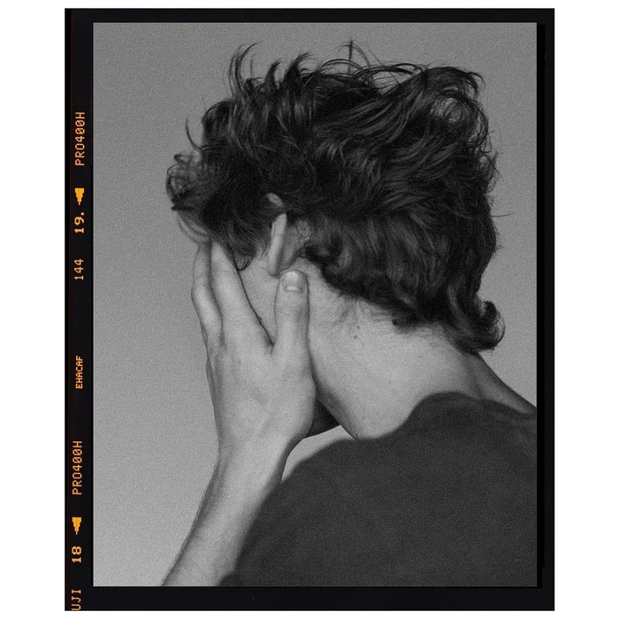 Black and white portrait of a man with textured dark hair covering his face with his hand against a neutral background.