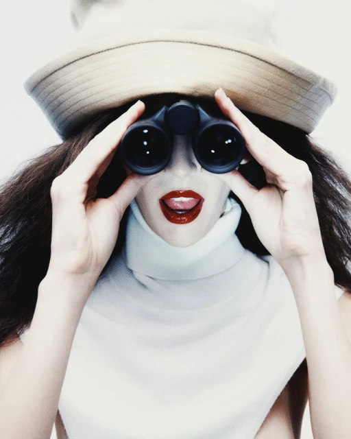 Woman in white turtleneck and hat looking through binoculars, standing against a white background with her mouth open slightly.