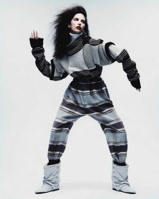 A fashion photograph presents a solitary adult female fashion model in a dynamic pose, showcasing a contemporary grey and black knitwear outfit.