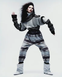 Model Africa Garcia in patterned knitwear and plaid trousers with windblown hair against a white background for Vogue Mexico