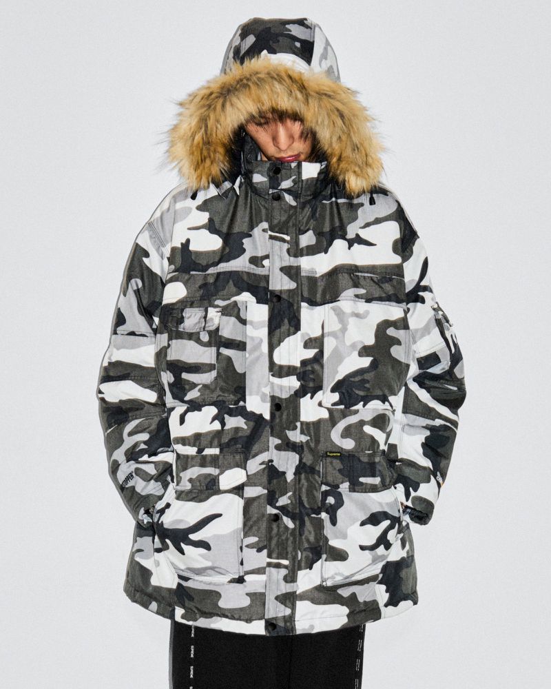 Person wearing a hooded camo puffer jacket with fur trim in a studio setting, showcasing winter fashion and outerwear.