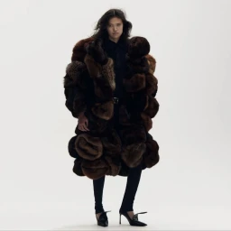 Model wearing an oversized sculptural brown patchwork fur coat with black trousers and heels against a white backdrop.