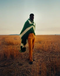 Model wearing a green and white striped blanket wrap and brown trousers standing in a dry field at sunset.
