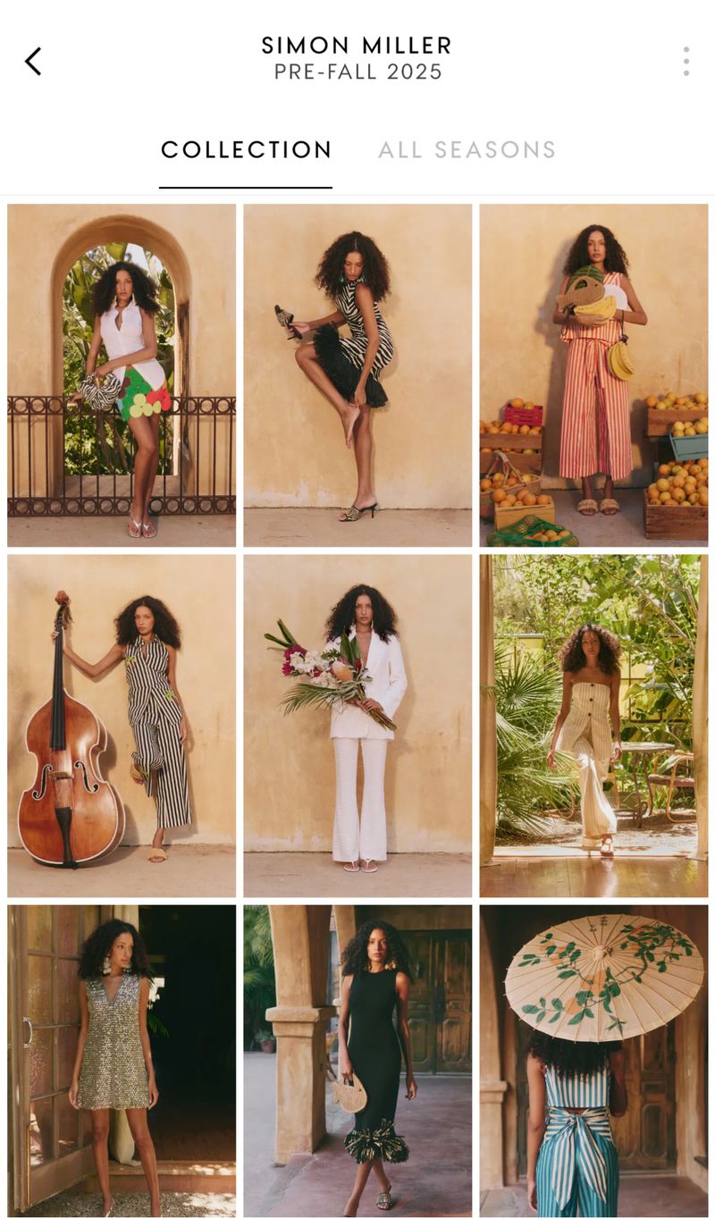 A collage of women in various outfits in a grid, showcasing a collection with women posing, some with props, against neutral backgrounds.