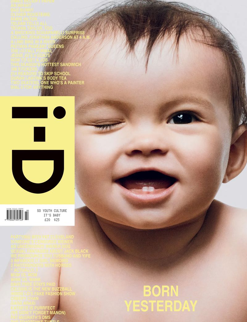 I-D magazine cover featuring a winking baby with a light skin tone. The magazine title, 'Born Yesterday,' is visible in the lower right.