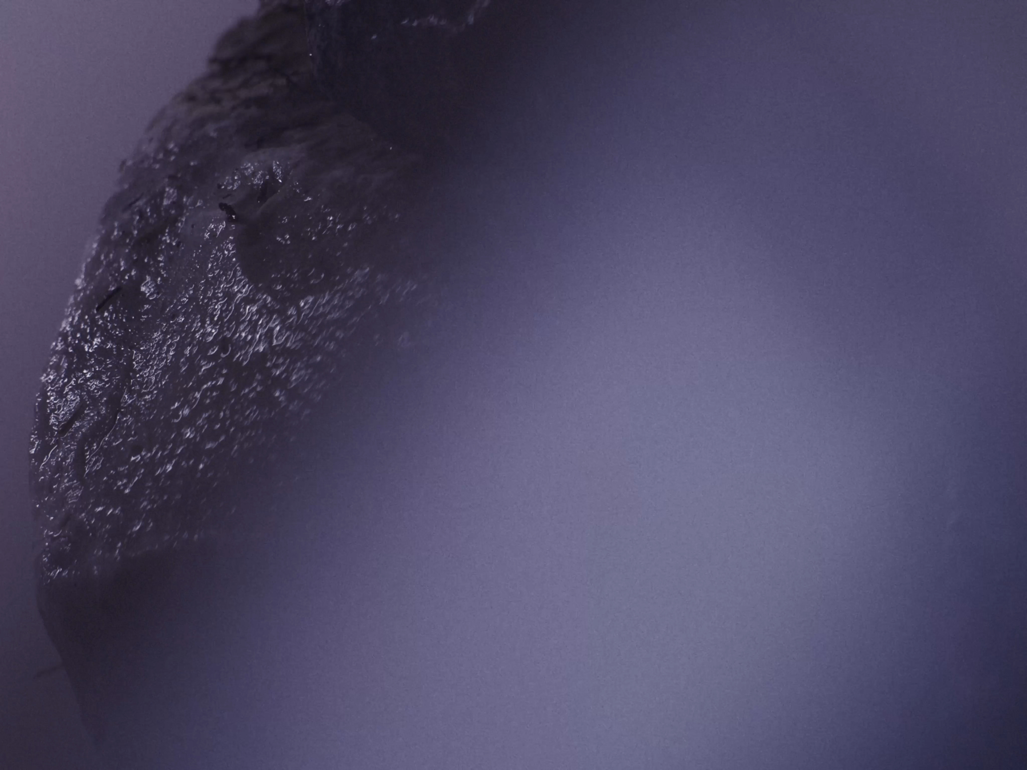 Close-up of a wet, dark textured stone surface fading into soft purple atmospheric haze.