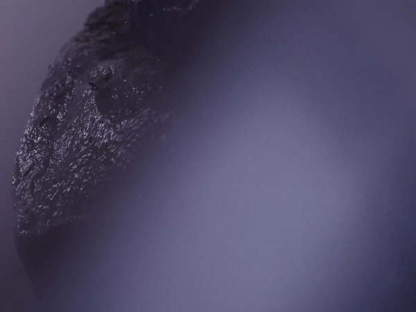 Close-up of a wet, dark textured stone surface fading into soft purple atmospheric haze.