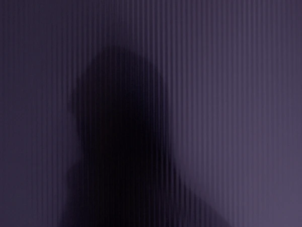 Abstract image featuring a dark human silhouette obscured behind a vertically striped textured glass or plastic panel with a purple hue.