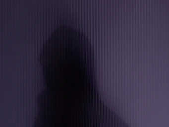 Dark silhouette of a person seen through vertical fluted glass against a muted purple and violet background.
