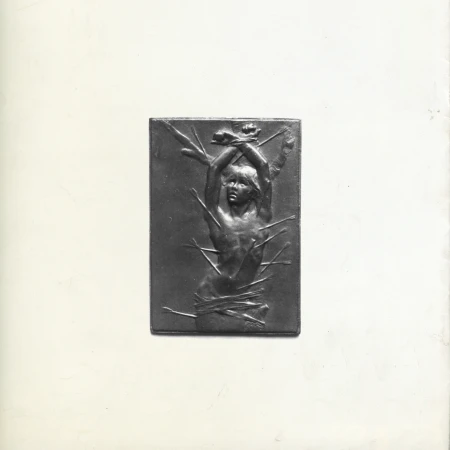 Bronze-toned art shows a nude figure tied with sticks, arms raised, set against a dark background within a rectangular frame.
