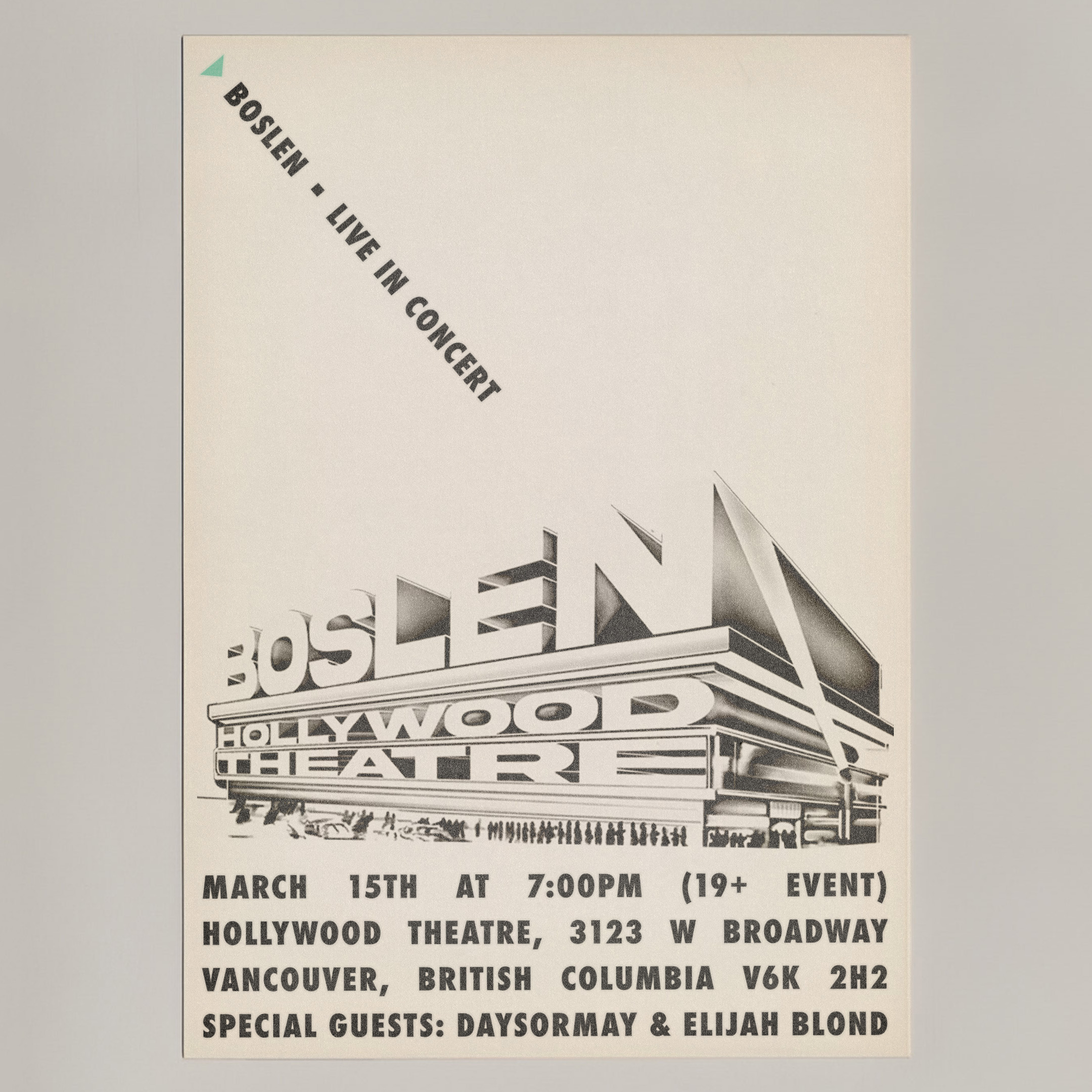 Concert poster featuring the Boslen Hollywood Theatre event, showcasing architectural design and event details.