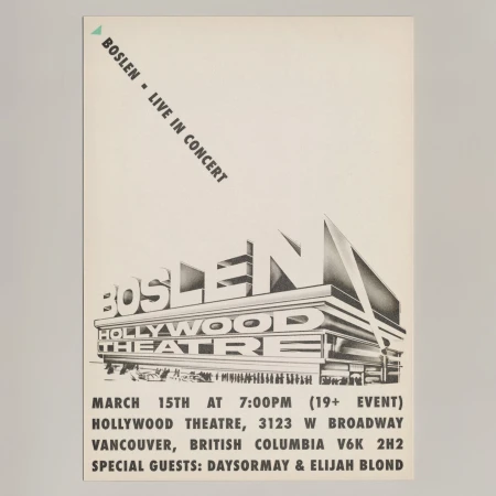Concert poster featuring the Boslen Hollywood Theatre event, showcasing architectural design and event details.