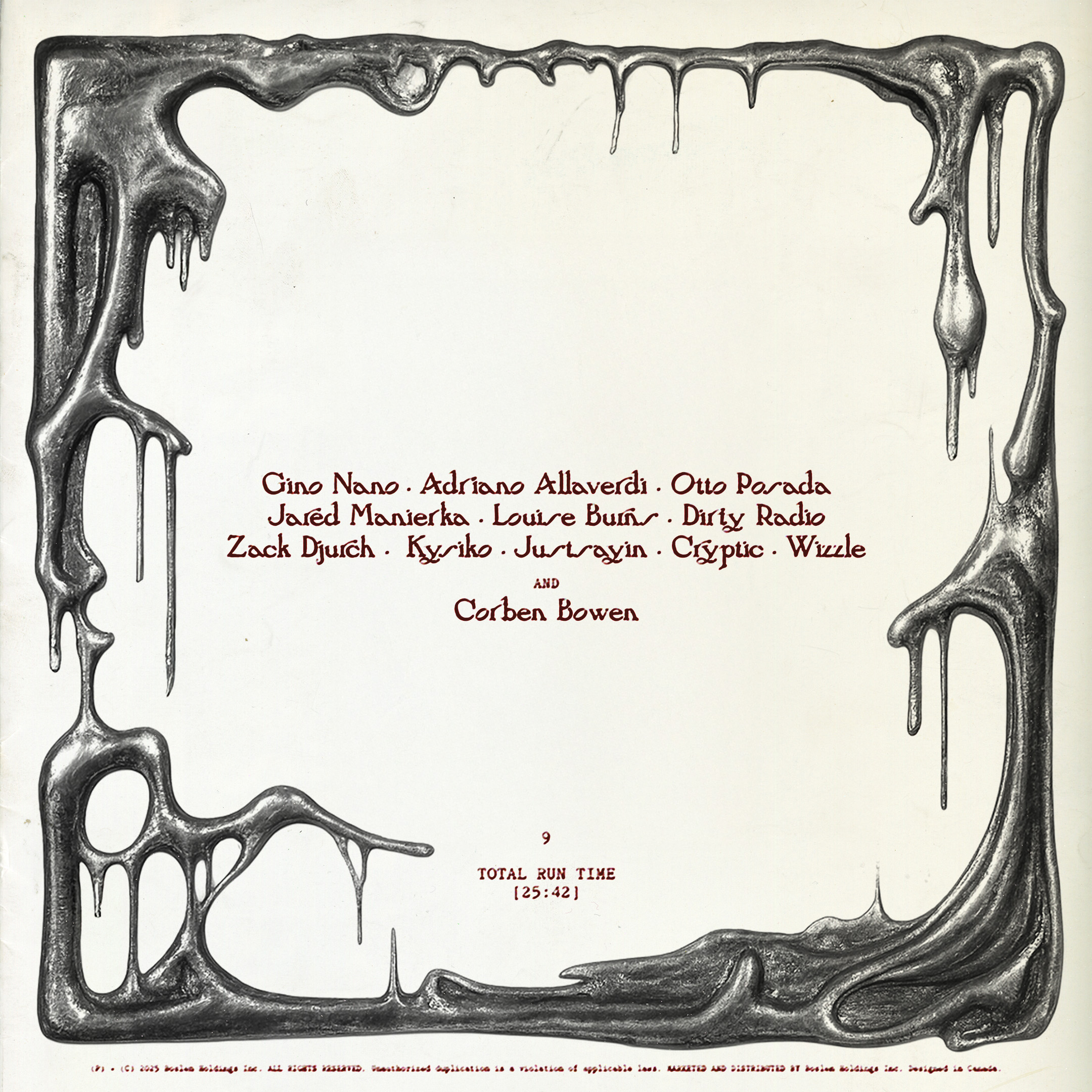 Music album cover art features a melting frame and a list of names. The artwork is a unique and surreal design with a textural feel.