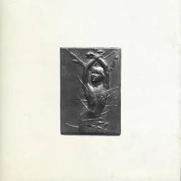 Dark metal relief plaque depicting a bound figure pierced with arrows, centered against an off-white background.