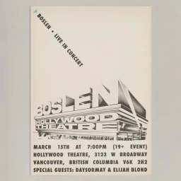 Concert poster design for Boslen live at the Hollywood Theatre with stylized architectural typography in black and off-white.