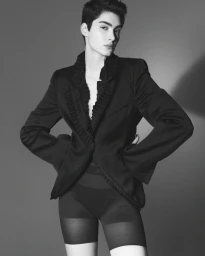Model Snezana Gasic posing with hands on hips in a black ruffled blazer and sheer shorts against a grey studio backdrop.