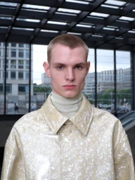 Portrait of a man with a buzz cut wearing a textured cream glossy jacket and pale turtleneck in front of a glass building.