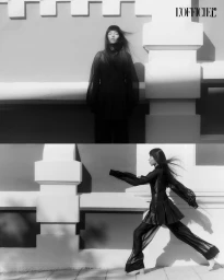 Model in a black sheer outfit with long flowing hair posing against a light architectural wall in a two-part split editorial composition