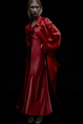 Model Daria Danilenko wearing a glossy red satin maxi dress and matching red coat against a solid black studio backdrop.