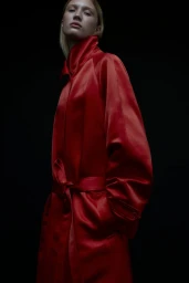 Model wearing a vibrant red belted trench coat against a dark black background in a fashion studio portrait.