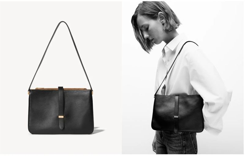 Studio shot of a black leather shoulder bag with gold hardware and a woman carrying the bag in monochrome.