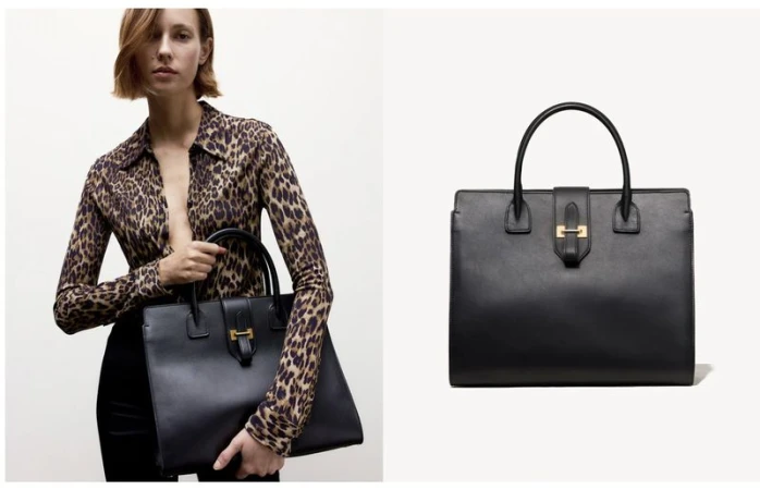 Model wearing a leopard print shirt holding a black leather tote bag beside a standalone shot of the handbag on a white backdrop.