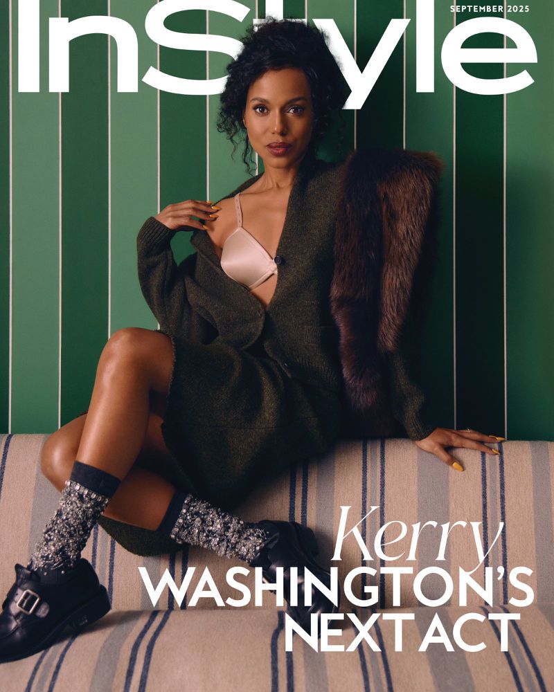 Kerry Washington sits on a striped couch for InStyle magazine cover with a fur shawl and dark green cardigan, September 2025 issue.