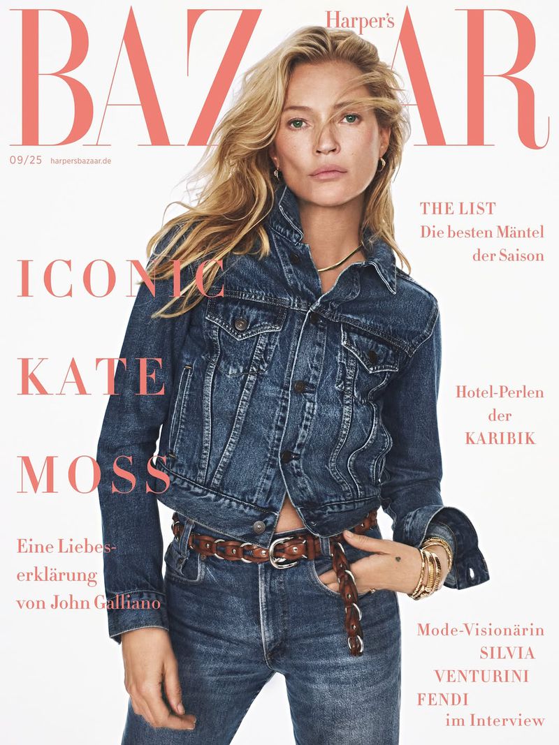 Harper's Bazaar cover featuring Kate Moss wearing a denim jacket and jeans. The cover has peach and white text on a light background.