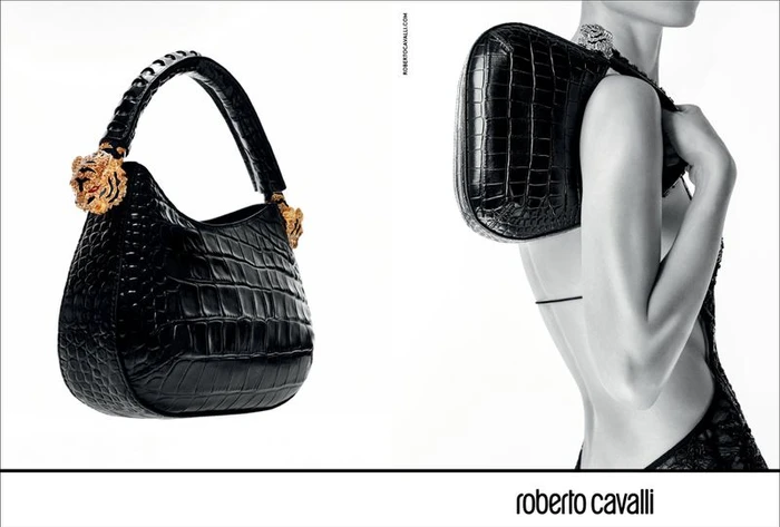 Roberto Cavalli Roar black embossed leather handbag beside a model resting the bag over her shoulder on a white background.