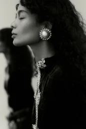 Profile portrait of a model with dark curly hair wearing large pearl earrings and an embellished dark top for WWD Weekend.