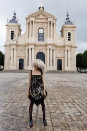 Model wearing a patterned dress and feathered headpiece standing in front of a classical stone building exterior