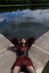Model lying on stone edge by a lake wearing a burgundy lace dress with feather cuffs and a black leather belt