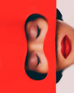 Close-up beauty portrait of Farida Khelfa with closed eyes and red lips framed through a bright red cutout mask.