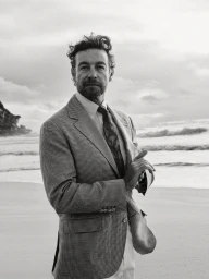 Portrait of Simon Baker in a patterned suit jacket standing on a sandy beach for Esquire Australia