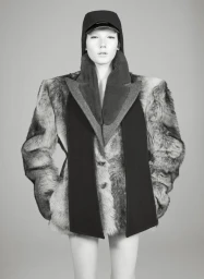 Monochrome studio portrait of a model wearing an exaggerated shoulder fur coat and black cap against a plain grey seamless background.