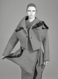 Model wearing a sculptural gingham check jacket and matching skirt with a patterned skullcap against a neutral studio backdrop