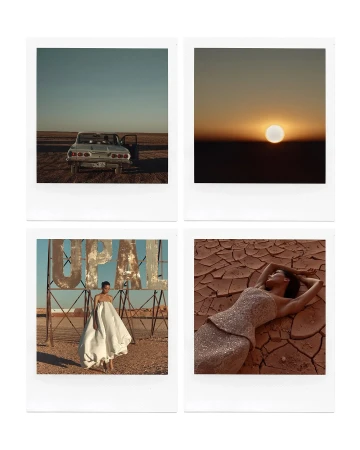 Four polaroid photographs of desert landscape, sun, woman in white dress, and woman in a sparkling dress on cracked earth.