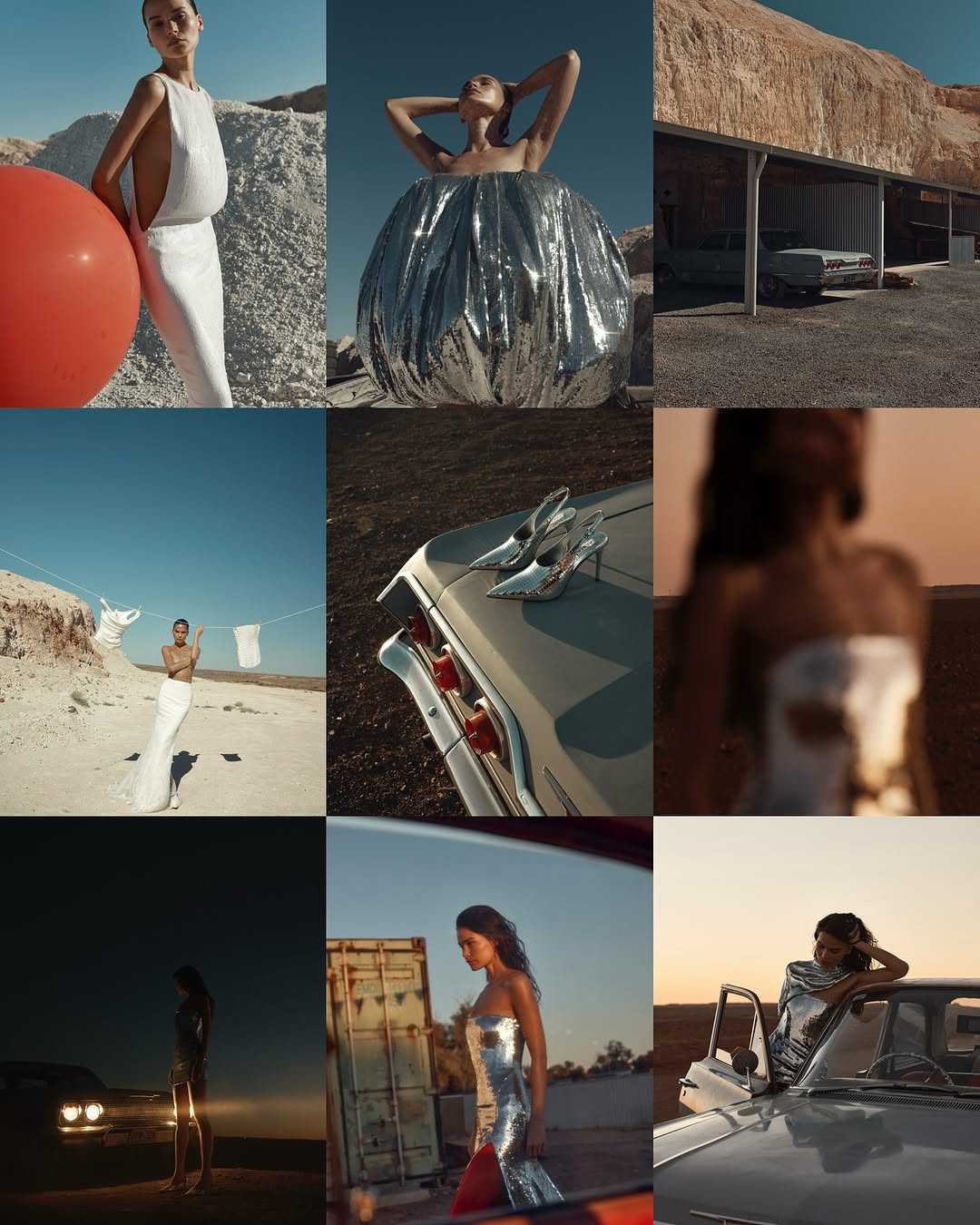 Collage of fashion-style shots of an adult female model in outdoor settings, wearing reflective clothing, posing near vehicles.
