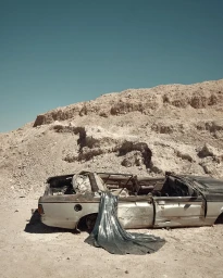 An abandoned, wrecked car sits in a barren desert landscape with a shimmering silver fabric draped over its side.