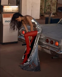 Model in a silver sequin dress and red tights leaning against a classic car near a gas pump