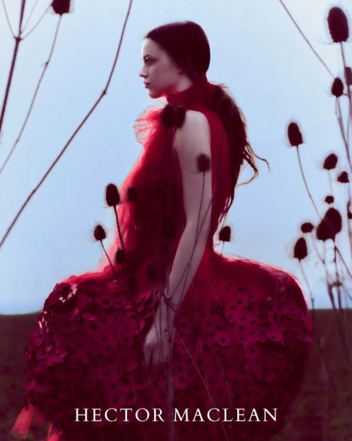 Woman in a red dress standing in a field with dried thistles. The model is facing away from the camera in a rural environment.