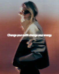 Blonde woman wearing sunglasses and a two-tone jacket against a warm gradient background with overlaid white text.