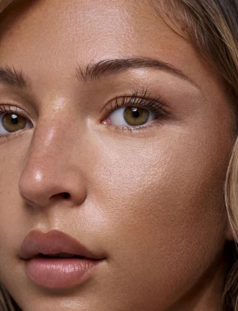 Close-up portrait of an adult female face, highlighting skin texture, eyebrows, eyes, nose, and lips with natural, flattering light.